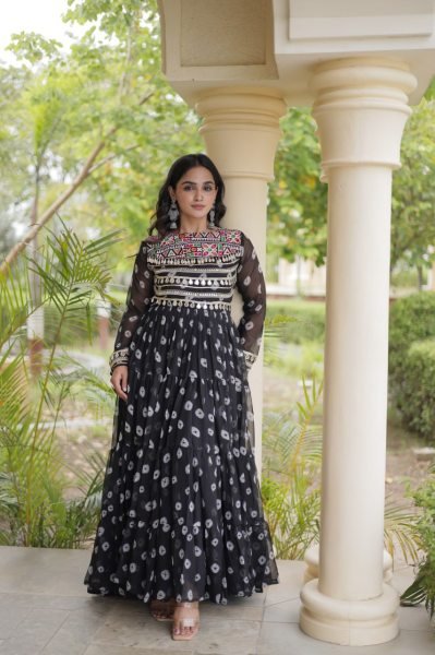Iconic Black Bandhani Print Faux Georgette Gown with Kutchi Patchwork For Garba Anarkali Kurtis 