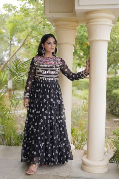 Iconic Black Bandhani Print Faux Georgette Gown with Kutchi Patchwork For Garba Anarkali Kurtis 