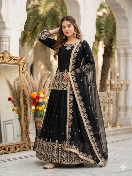 Iconic Black French Silk Lehenga Set with Mirror Hand Work for Wedding Wear Ready To Wear Suit