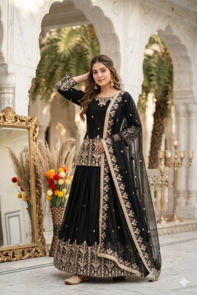 Iconic Black French Silk Lehenga Set with Mirror Hand Work for Wedding Wear Ready To Wear Collection