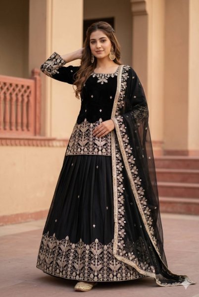 Iconic Black French Silk Lehenga Set with Mirror Hand Work for Wedding Wear Ready To Wear Collection