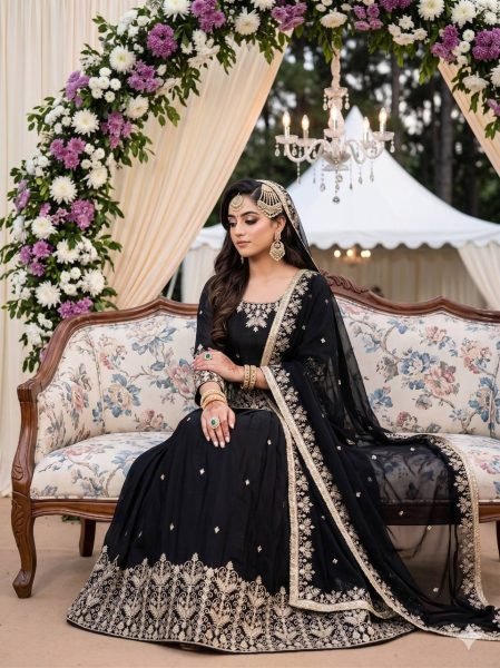 Iconic Black French Silk Lehenga Set with Mirror Hand Work for Wedding Wear Ready To Wear Collection
