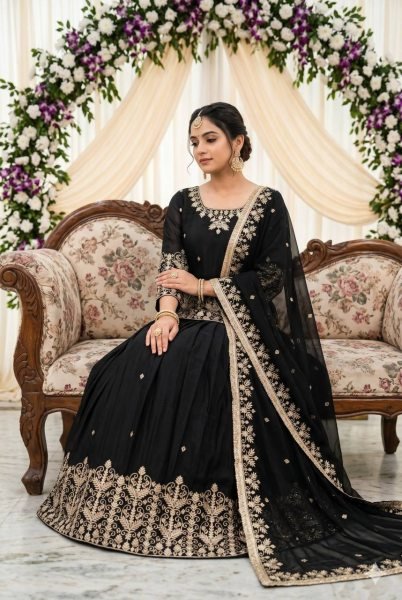 Iconic Black French Silk Lehenga Set with Mirror Hand Work for Wedding Wear Ready To Wear Collection