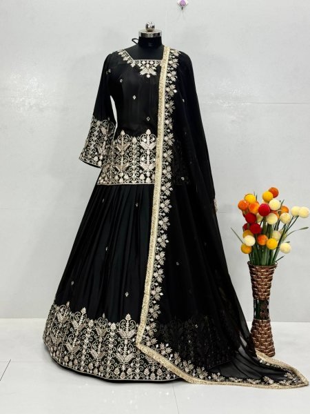 Iconic Black French Silk Lehenga Set with Mirror Hand Work for Wedding Wear Ready To Wear Collection