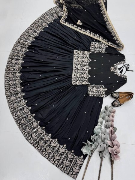 Iconic Black French Silk Lehenga Set with Mirror Hand Work for Wedding Wear Ready To Wear Collection
