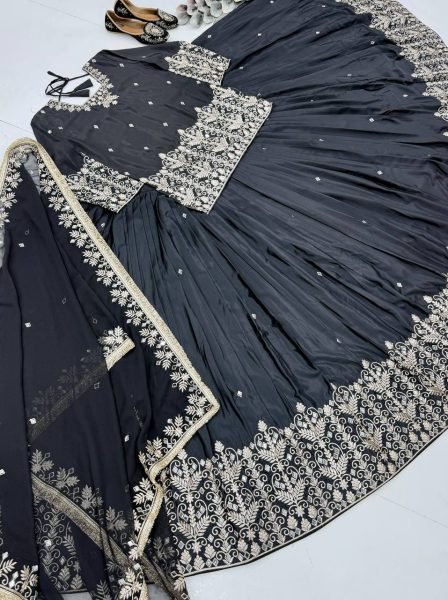 Iconic Black French Silk Lehenga Set with Mirror Hand Work for Wedding Wear Ready To Wear Collection