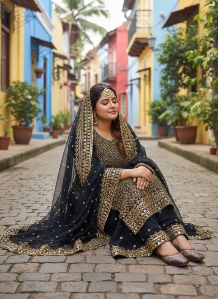 Iconic Black Georgette Kurti Palazzo Set with 5mm Sequins & Zari Embroidery Dupatta Ready To Wear Collection