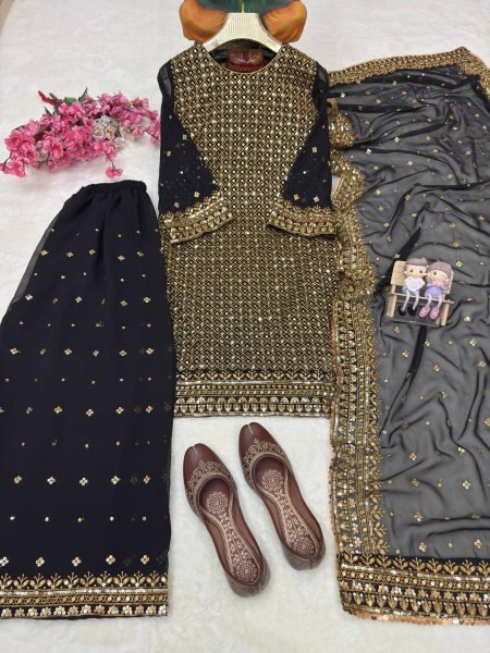 Iconic Black Georgette Kurti Palazzo Set with 5mm Sequins & Zari Embroidery Dupatta Ready To Wear Collection
