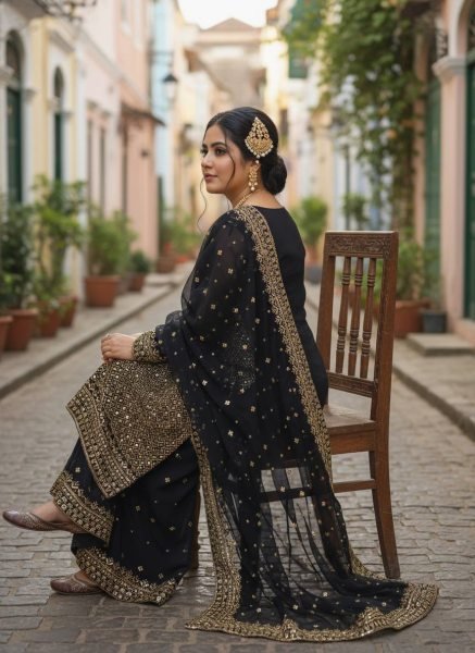 Iconic Black Georgette Kurti Palazzo Set with 5mm Sequins & Zari Embroidery Dupatta Ready To Wear Collection