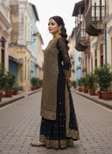 Iconic Black Georgette Kurti Palazzo Set with 5mm Sequins & Zari Embroidery Dupatta Ready To Wear Collection