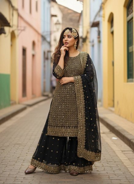 Iconic Black Georgette Kurti Palazzo Set with 5mm Sequins & Zari Embroidery Dupatta Ready To Wear Collection