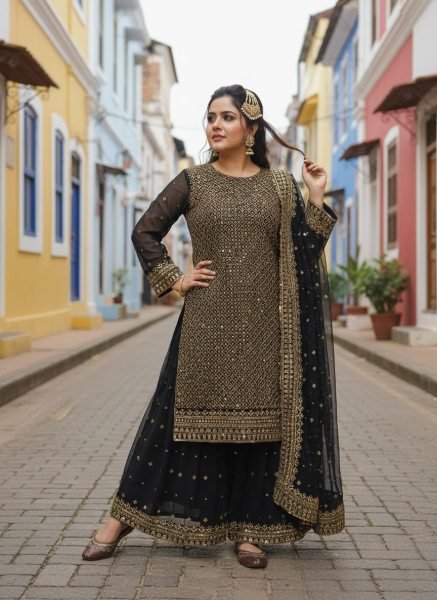 Iconic Black Georgette Kurti Palazzo Set with 5mm Sequins & Zari Embroidery Dupatta Ready To Wear Collection