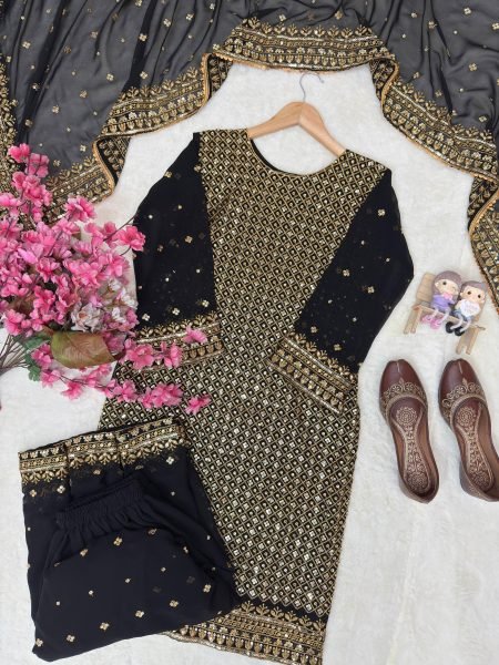 Iconic Black Georgette Kurti Palazzo Set with 5mm Sequins & Zari Embroidery Dupatta Ready To Wear Collection