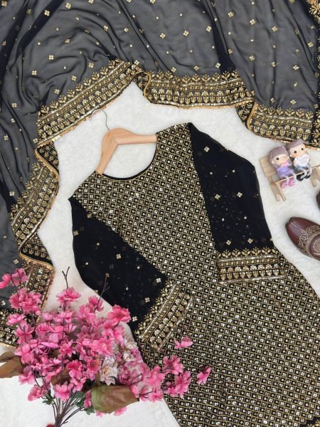 Iconic Black Georgette Kurti Palazzo Set with 5mm Sequins & Zari Embroidery Dupatta Ready To Wear Collection