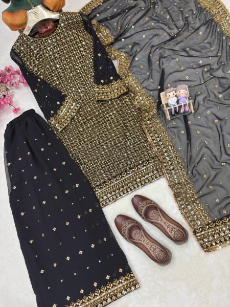 Iconic Black Georgette Kurti Palazzo Set with 5mm Sequins & Zari Embroidery Dupatta Ready To Wear Collection