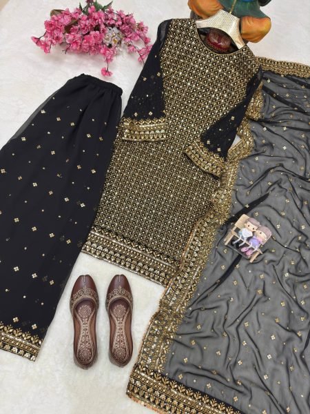 Iconic Black Georgette Kurti Palazzo Set with 5mm Sequins & Zari Embroidery Dupatta Ready To Wear Collection