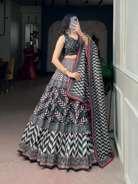 Iconic Black Premium Vaishali Silk Printed Lehenga with Maslin Silk Dupatta at Manufacturer  Designer Lehenga Choli