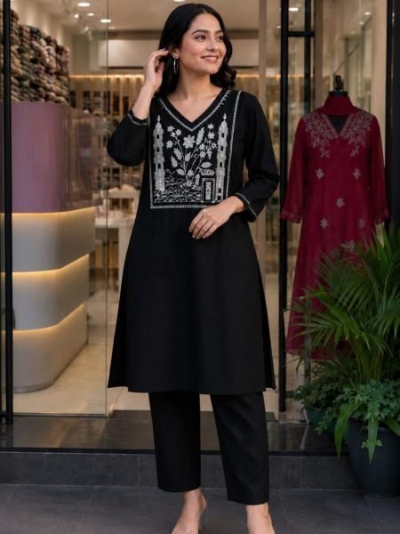 Iconic Black Rayon Slub Top with Embroidered Work and Bottom at Wholesale Rate 