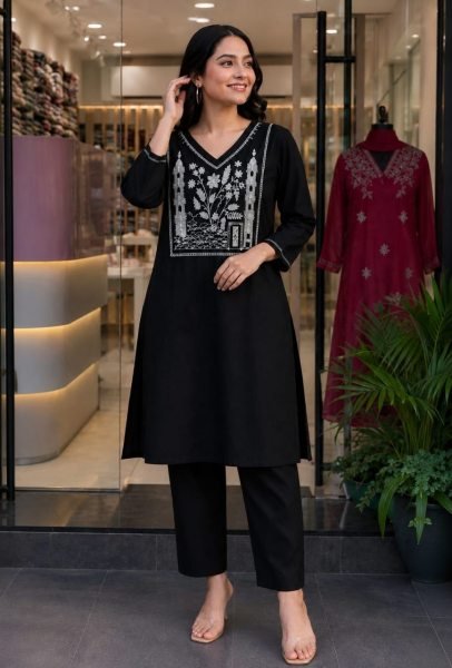 Iconic Black Rayon Slub Top with Embroidered Work and Bottom at Wholesale Rate Kurti With Bottom Wholesale