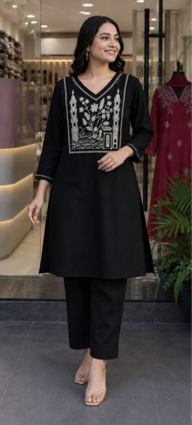 Iconic Black Rayon Slub Top with Embroidered Work and Bottom at Wholesale Rate Kurti With Bottom Wholesale