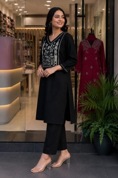 Iconic Black Rayon Slub Top with Embroidered Work and Bottom at Wholesale Rate Kurti With Bottom Wholesale