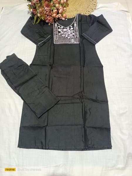Iconic Black Rayon Slub Top with Embroidered Work and Bottom at Wholesale Rate Kurti With Bottom Wholesale