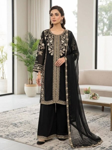 Iconic Black Roman Top Plazzo Set With Sequence and Soft Organza Dupatta For Wedding Ready To Wear Suit