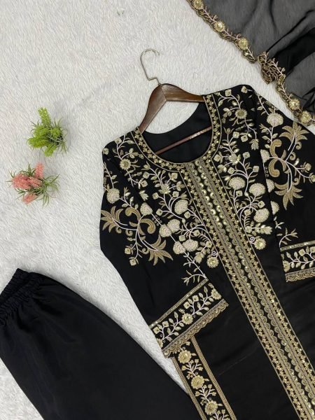 Iconic Black Roman Top Plazzo Set With Sequence and Soft Organza Dupatta For Wedding Ready To Wear Collection