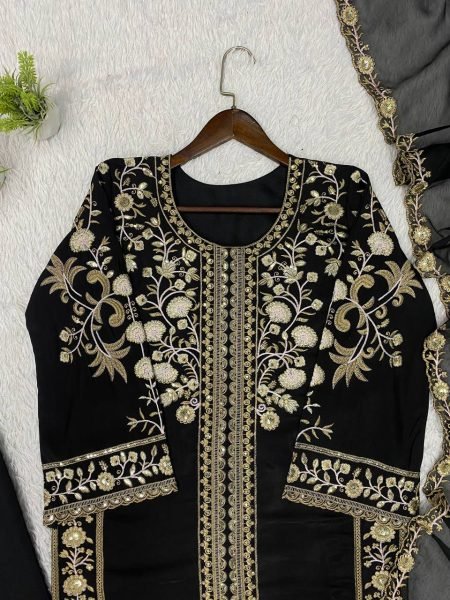 Iconic Black Roman Top Plazzo Set With Sequence and Soft Organza Dupatta For Wedding Ready To Wear Collection