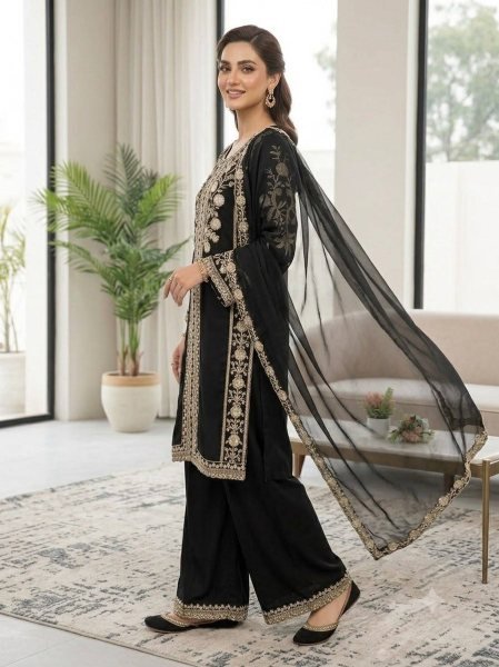 Iconic Black Roman Top Plazzo Set With Sequence and Soft Organza Dupatta For Wedding Ready To Wear Collection