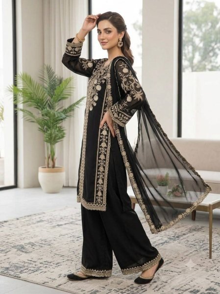 Iconic Black Roman Top Plazzo Set With Sequence and Soft Organza Dupatta For Wedding Ready To Wear Collection