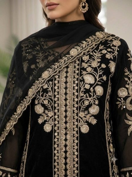 Iconic Black Roman Top Plazzo Set With Sequence and Soft Organza Dupatta For Wedding Ready To Wear Collection