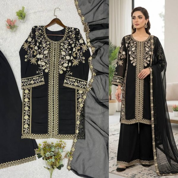 Iconic Black Roman Top Plazzo Set With Sequence and Soft Organza Dupatta For Wedding Ready To Wear Collection