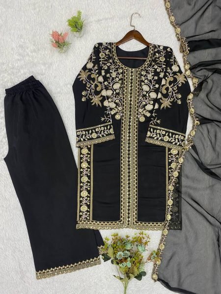Iconic Black Roman Top Plazzo Set With Sequence and Soft Organza Dupatta For Wedding Ready To Wear Collection