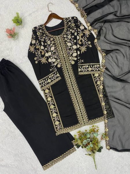 Iconic Black Roman Top Plazzo Set With Sequence and Soft Organza Dupatta For Wedding Ready To Wear Collection