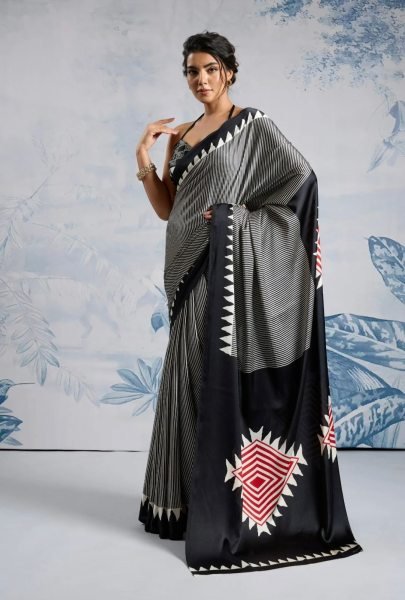 Iconic Black Stylish Digital Print Saree for Office and Daily Use Printed Cotton Sarees Wholesale