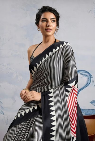Iconic Black Stylish Digital Print Saree for Office and Daily Use Printed Cotton Sarees Wholesale