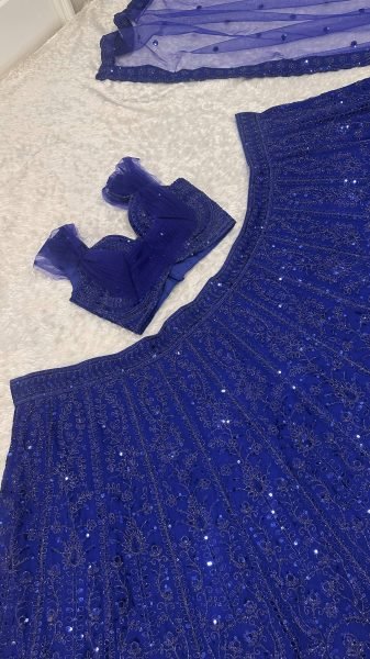 Iconic Blue Faux Georgette Lehenga with Sequins Dori Work and Net Dupatta For Bridal Designer Lehenga Choli