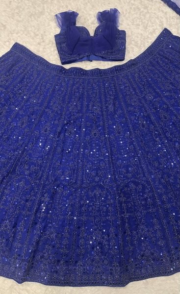 Iconic Blue Faux Georgette Lehenga with Sequins Dori Work and Net Dupatta For Bridal Designer Lehenga Choli