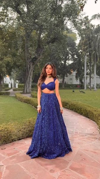 Iconic Blue Faux Georgette Lehenga with Sequins Dori Work and Net Dupatta For Bridal Designer Lehenga Choli