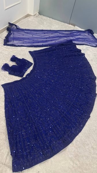Iconic Blue Faux Georgette Lehenga with Sequins Dori Work and Net Dupatta For Bridal Designer Lehenga Choli