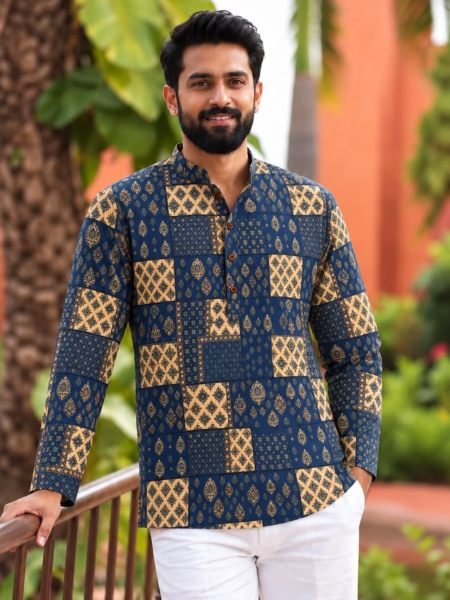 Iconic Blue Men’s Full Sleeve Printed Cotton Kurta for Festive Wear 