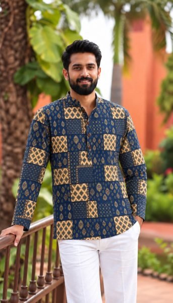 Iconic Blue Men’s Full Sleeve Printed Cotton Kurta for Festive Wear Mens Short Kurta