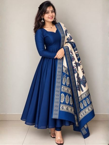Iconic Blue Plain Vichithra Silk Anarkali Suit with Printed Kalamkari Dupatta 