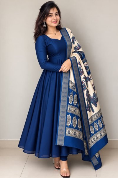 Iconic Blue Plain Vichithra Silk Anarkali Suit with Printed Kalamkari Dupatta Anarkali Kurtis 