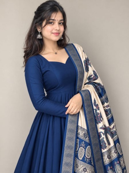 Iconic Blue Plain Vichithra Silk Anarkali Suit with Printed Kalamkari Dupatta Anarkali Kurtis 