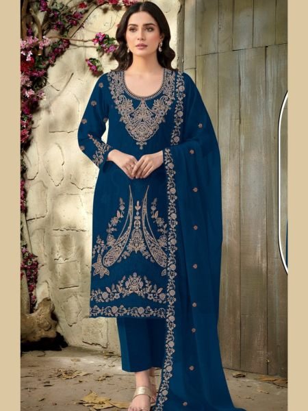 Iconic Blue Velvet 3 Piece Outfit with Codding and Embroidery Work at Manufacturer Rate 