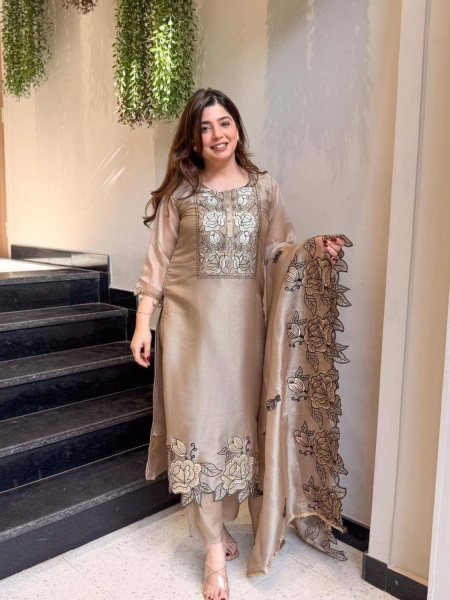 Iconic Brown Jimmy Choo Suit Set with Embroidery Cut Work and Dupatta 