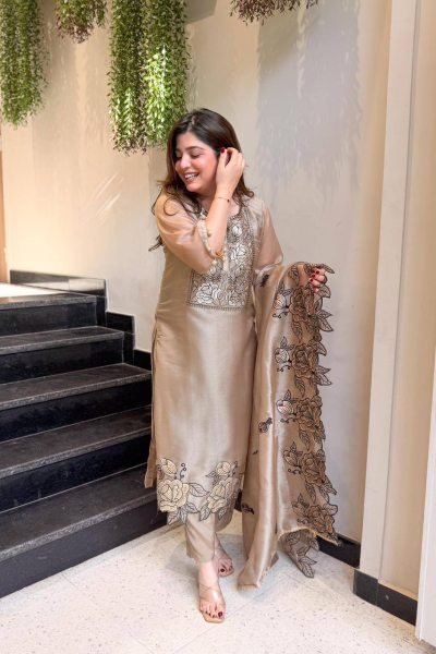 Iconic Brown Jimmy Choo Suit Set with Embroidery Cut Work and Dupatta Embroidery Kurtis 