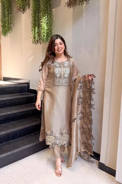 Iconic Brown Jimmy Choo Suit Set with Embroidery Cut Work and Dupatta Embroidery Kurtis 